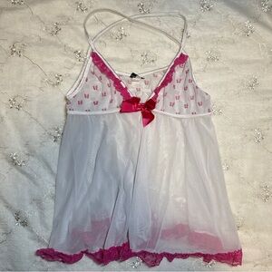 Y2K Coquette Pink & White Bow Print Sheer Chemise Top – Size XL